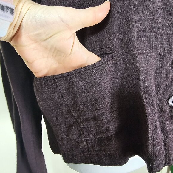 Eileen Fisher Linen Blend Button Up Blouse Sz M Dark Brown Pockets Minimalist - Picture 5 of 10